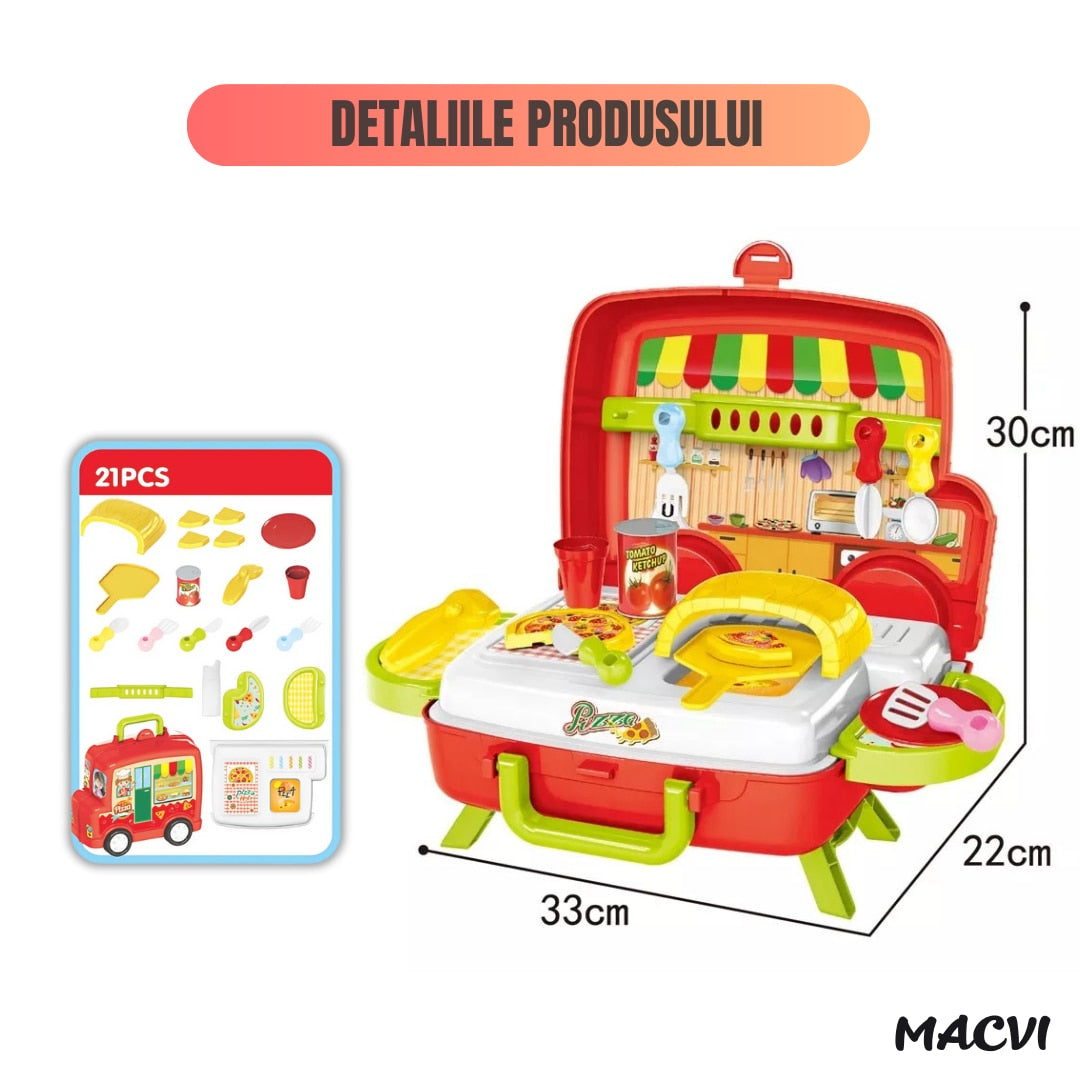Set de jucarie Bucatarie portabila Macvi®, masinuta 2 in 1, 21 piese, cuptor functional si accesorii de gatit, rosu, 3+ ani