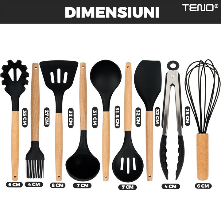 Set Ustensile Bucatarie 12 Piese Silicon Alimentar Teno®, termorezistente, antiaderente, sigure, suport inclus, negru