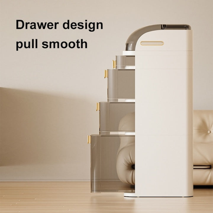 Dulap Mobil Organizator Macvi®, 5 Nivele, 98 × 18 × 41cm, Organizator Vertical Ultra-Slim cu Roti, PVC Rezistent, Alb