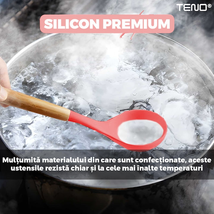Set Ustensile Bucatarie 12 Piese Silicon Alimentar Teno®, termorezistente, antiaderente, sigure, suport inclus, rosu