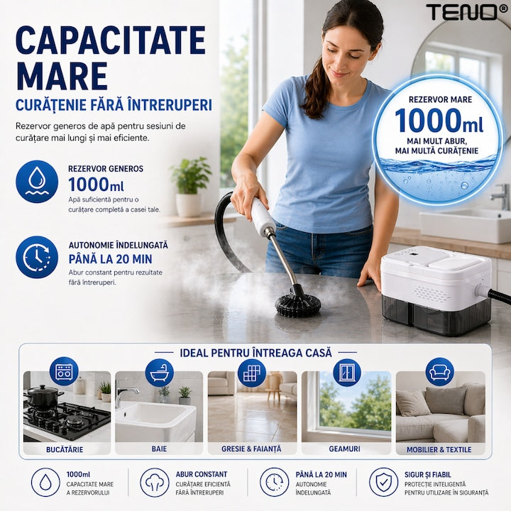 Steam Cleaner portabil Teno®, curatare cu abur 105°C, 6 nivele reglabile, rezervor 1000ml, incalzire rapida 15s, fara chimicale, multisuprafete