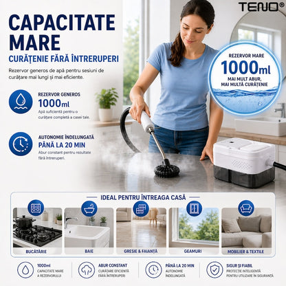 Steam Cleaner portabil Teno®, curatare cu abur 105°C, 6 nivele reglabile, rezervor 1000ml, incalzire rapida 15s, fara chimicale, multisuprafete