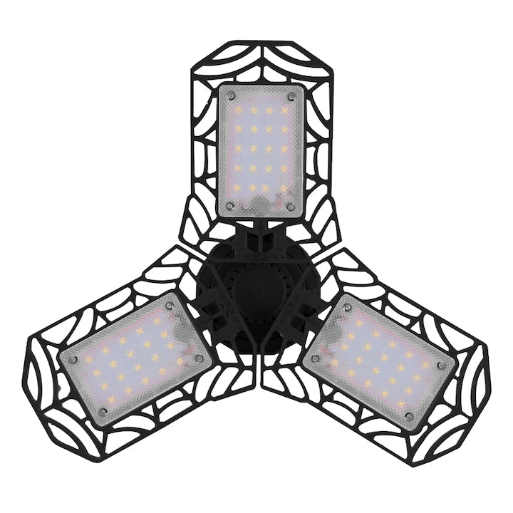 Lampa LED cu 3 Brate Mobile Teno®, 3 aripi pliabile, 36 LED-uri, flux luminos 3000LM, lumina alba rece 6000-6500K, bec iluminare pentru interior garaj/depozit/atelier, negru
