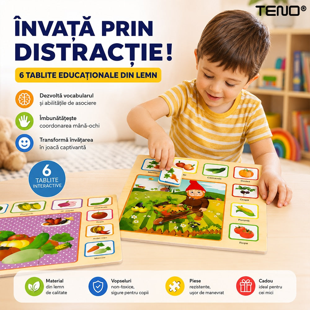 Set 6 Tablite Educationale Montessori Teno®, puzzle inteligent, diverse teme, din lemn, culori vibrante, dezvoltare cognitiva/inteligenta, multicolor