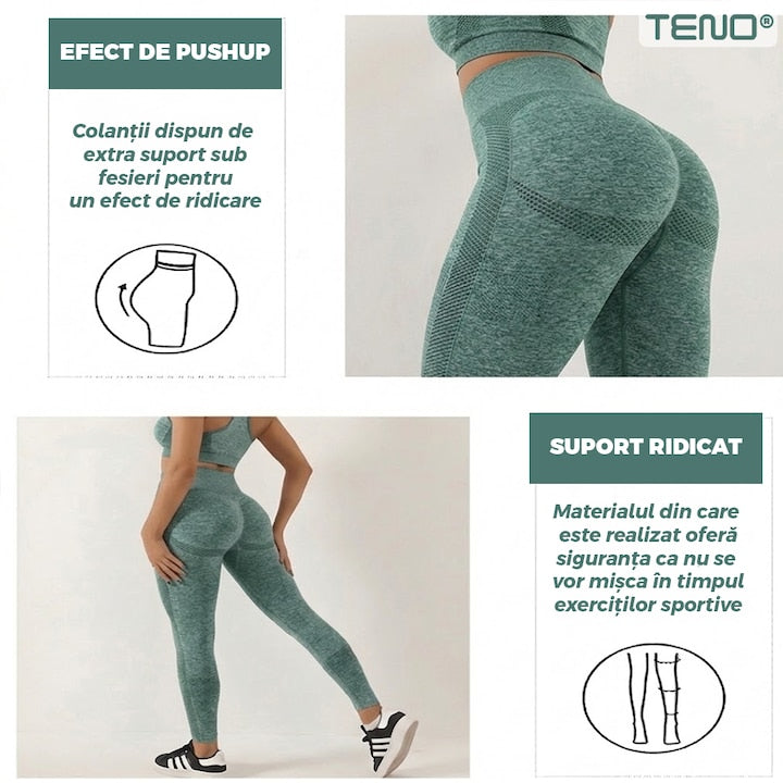 Set Costum Fitness din 2 Piese Teno®, colanti si bustiera, material respirabil, uscare rapida, elasticitate ridicata, one-size, verde