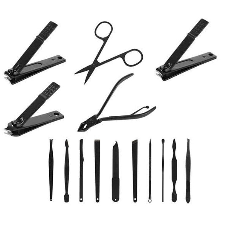 Set manichiura pedichiura Macvi® 15 piese din inox cu husa din piele ecologica si interior de velur sintetic rosu pentru ingrijirea completa a unghiilor