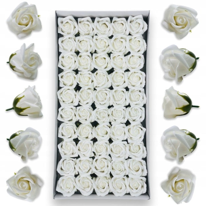 Set 50 trandafiri din sapun, 5x5 cm, calitate premium, decor si cadou elegant, Alb