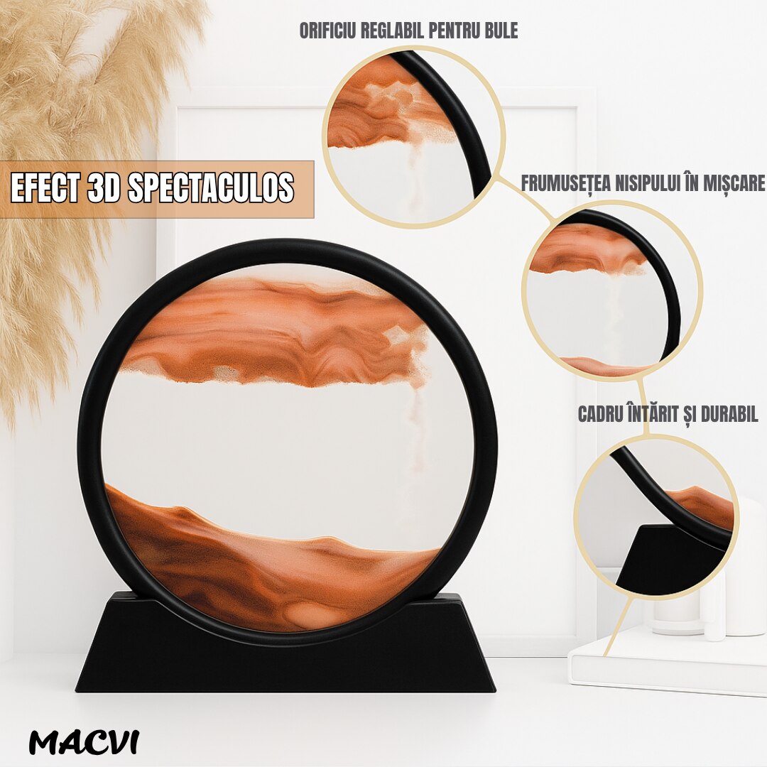 Obiect decorativ Macvi® cu efect 3D din nisip, masa rotativa 360°, baza din plastic, sticla si nisip, 18x19 cm, Rosu