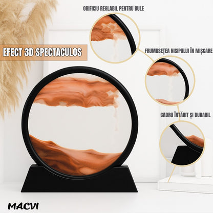 Obiect decorativ Macvi® cu efect 3D din nisip, masa rotativa 360°, baza din plastic, sticla si nisip, 18x19 cm, Rosu
