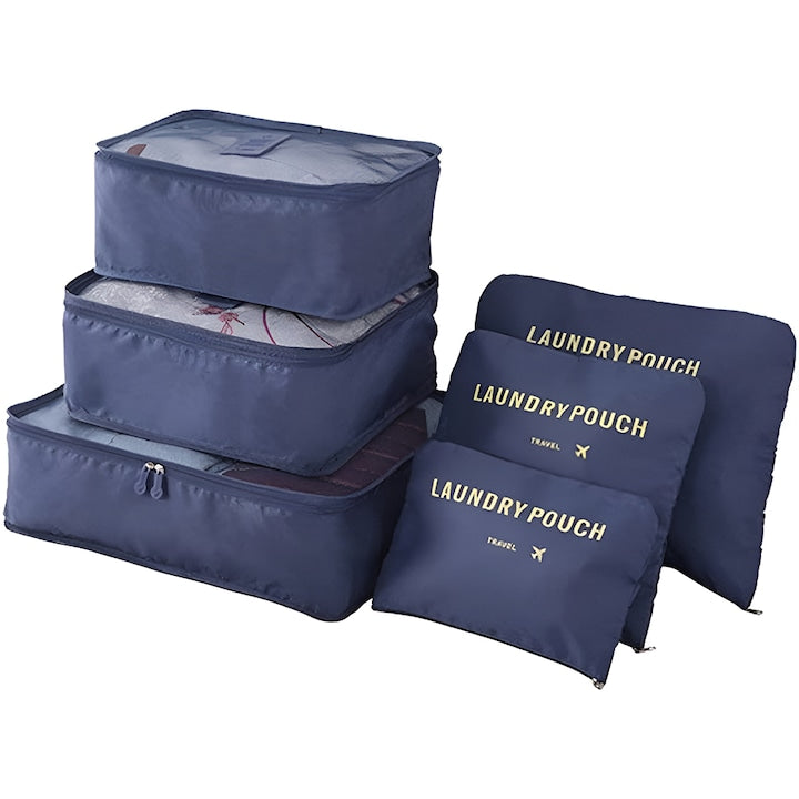 Set 6 Organizatoare Teno®, pentru calatorie, diferite marimi, bagaj de voiaj, valiza, troler, genti, haine, accesorii, inchidere cu fermoar dublu, plasa, albastru inchis