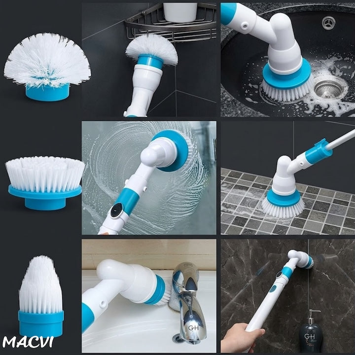 Perie Electrica de Curatare Macvi® cu 3 Capete Intersanjabile, 300 RPM, Acumulator Reincarcabil, Maner Telescopic - Ideala pentru Gresie, Faianta, Cada, Dus