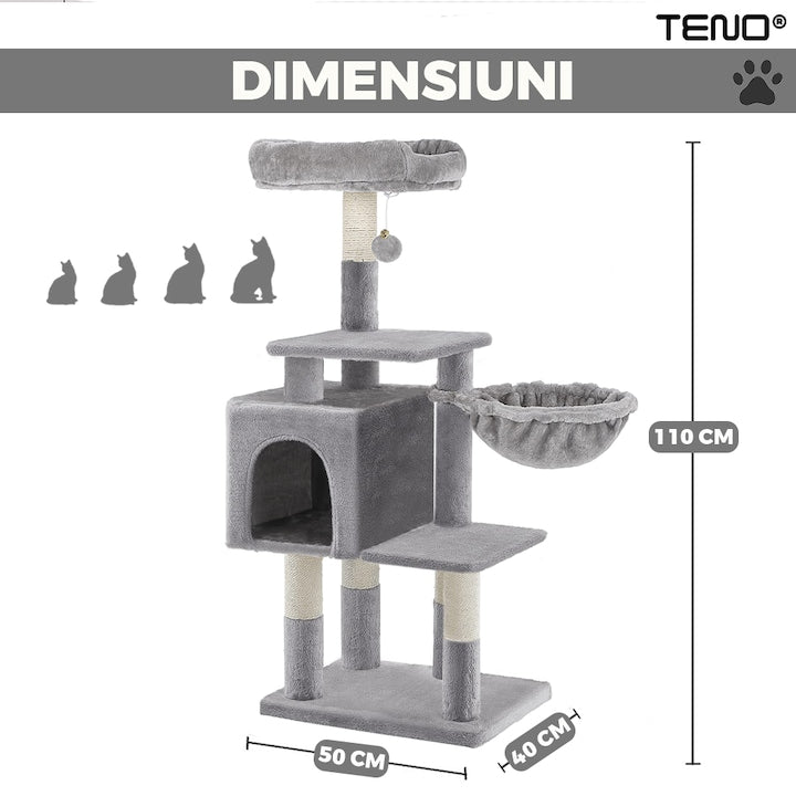 Ansamblu de Joaca pentru Pisici Teno®, cu 3 platforme de observatie, 3 niveluri, 1 casuta, franghie si minge de joaca, stalpi pentru zgariat, captuseala extra moale, structura stabila, 110 cm, gri