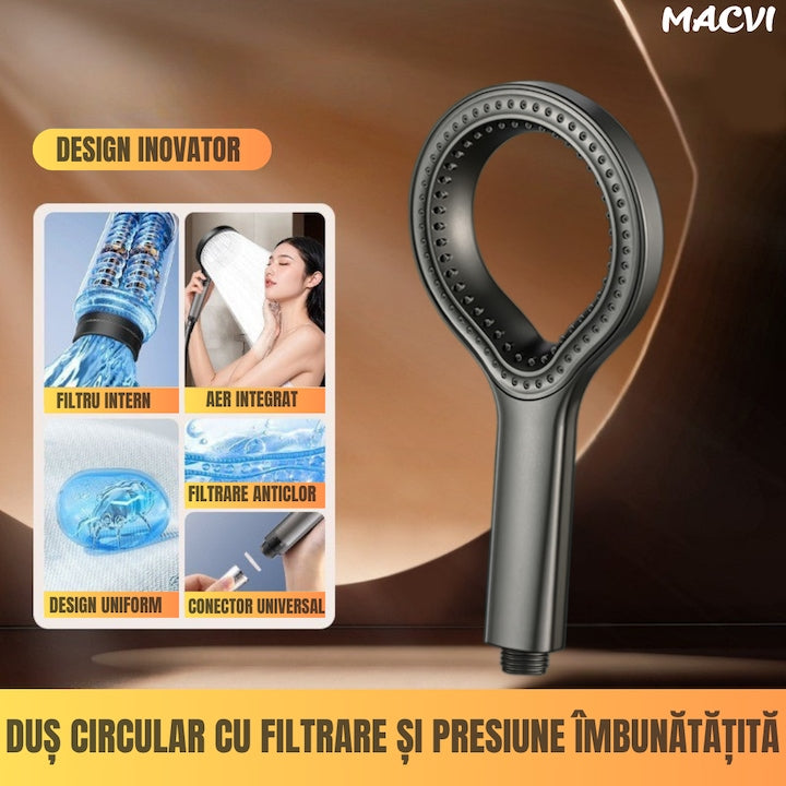 Cap de dus Macvi® cu jet reglabil, flexibilitate versatila, moduri multiple de pulverizare, finisaj Gri