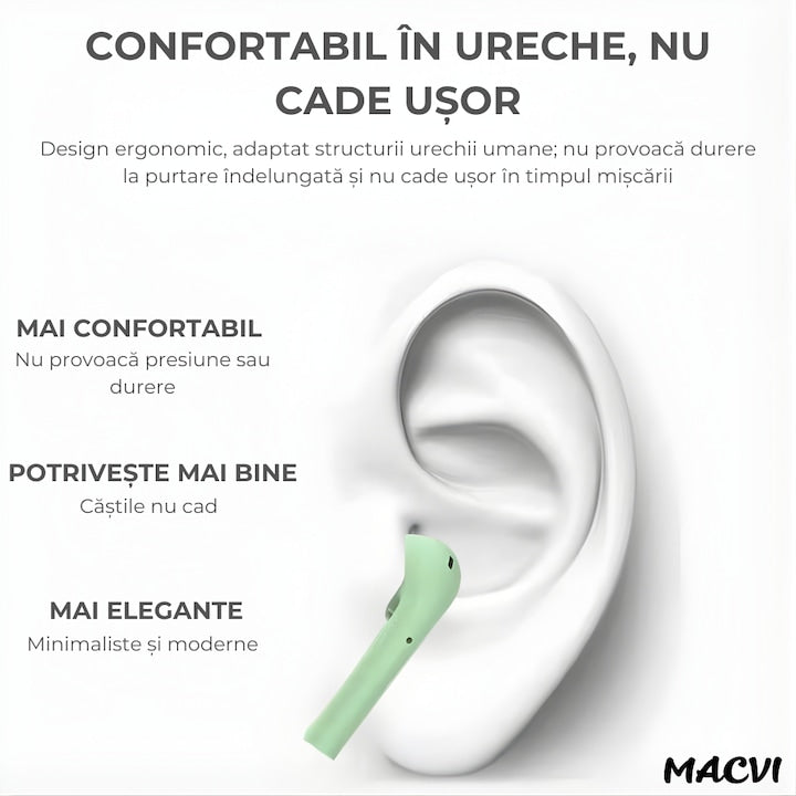 Casti wireless Macvi® Freepods i18, Bluetooth 5.0, Touch Control, HiFi Sound, verde