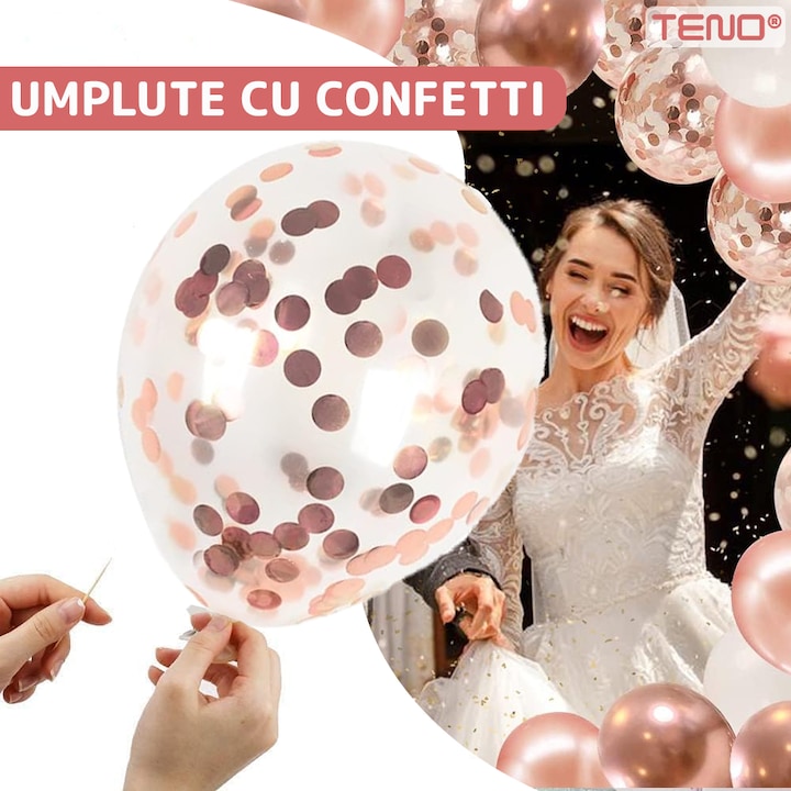 Set 12 Baloane Teno®, Cifra 1, pentru Petreceri/Aniversari/Evenimente, Stea/Rotunde/Confetti, 3 culori, latex, rose gold