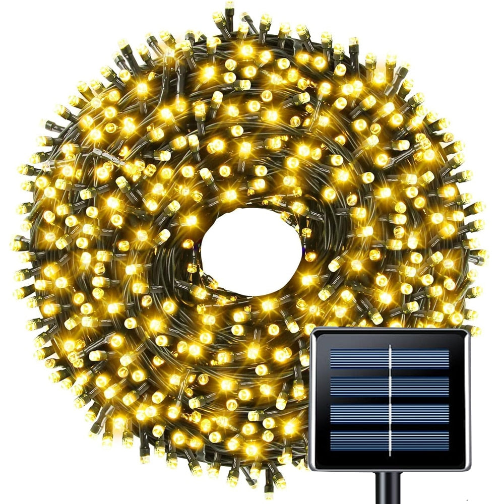 Instalatie de Craciun Liniara cu Panou Solar Teno®, 10 m, 8 jocuri de lumini, alimentare la priza, fir verde, interior/exterior, rezistenta la apa, 100 LED-uri, alb cald