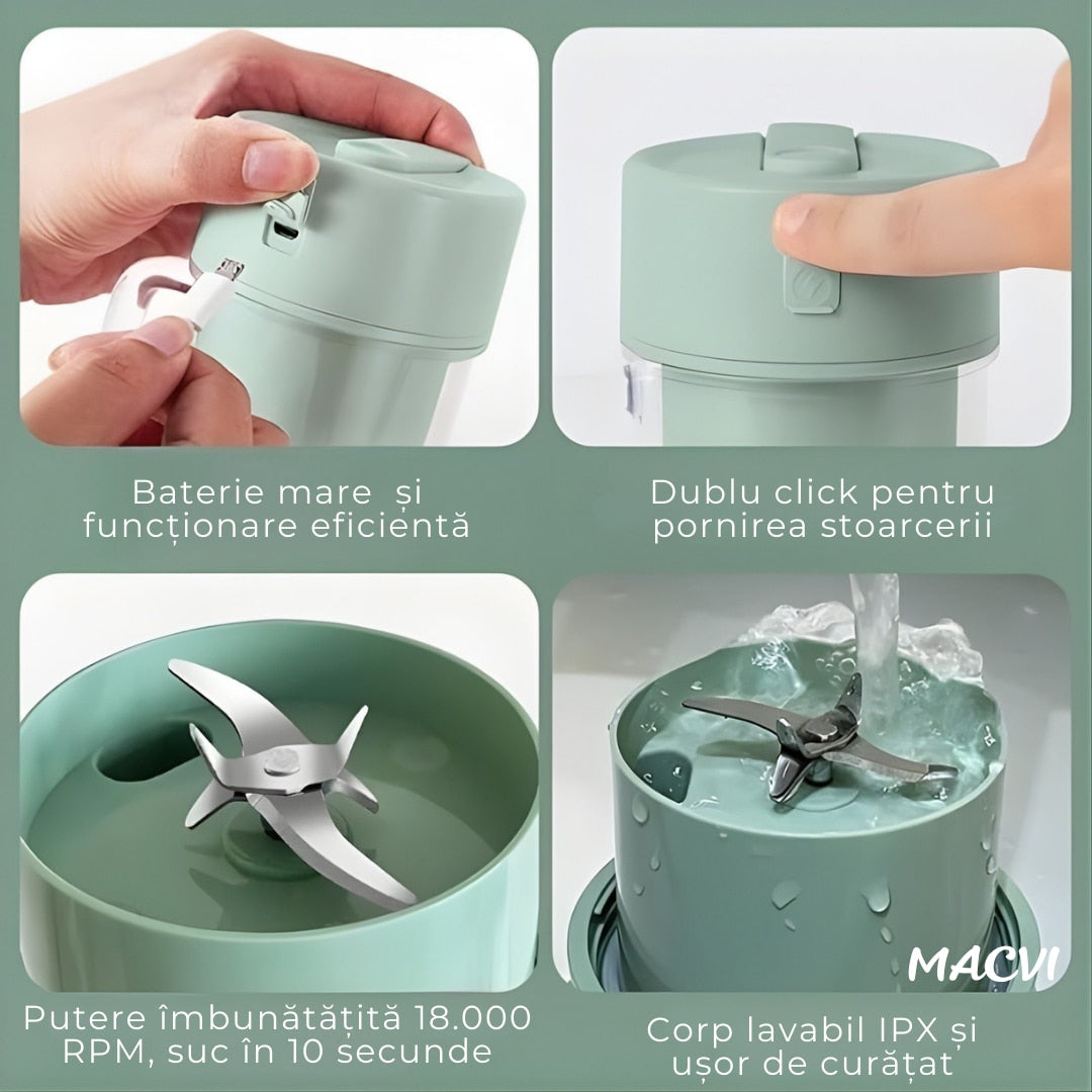 Storcator De Citrice Macvi® Portabil din Plastic cu Acumulator, Blender Reincarcabil USB, 6 Lame din Otel Inoxidabil, BPA Free, Anti-scurgere, Capac cu Pai, Capacitate 420 ml, Smoothie-uri si Sucuri