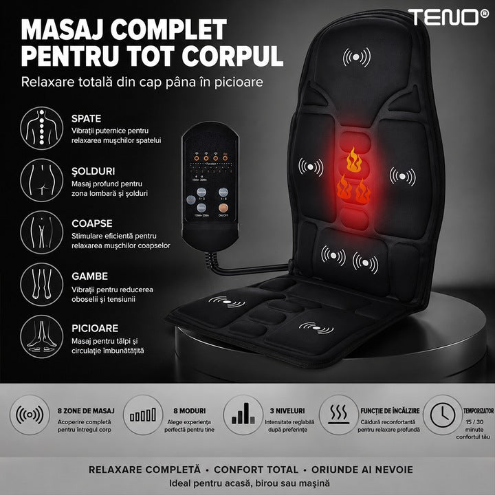Saltea Masaj pentru Scaun Auto Teno®, 8 moduri, intensitate reglabila, functie de temporizare, pentru casa/masina, telecomanda incorporata, negru