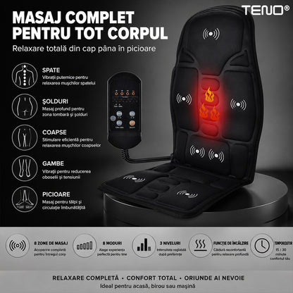 Saltea Masaj pentru Scaun Auto Teno®, 8 moduri, intensitate reglabila, functie de temporizare, pentru casa/masina, telecomanda incorporata, negru