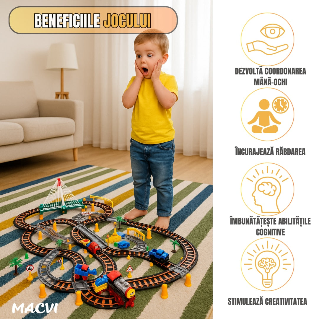 Circuit 2 in 1 XXL Macvi® 140 Piese, 86x74 cm, cu Trenulet Electric si Masinuta, Pod cu Lumini, Pista Rapid Transit de Mare Viteza, Multicolor