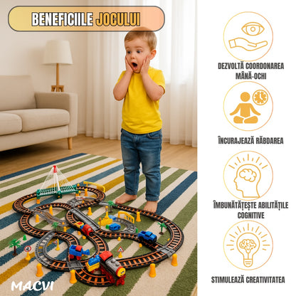 Circuit 2 in 1 XXL Macvi® 140 Piese, 86x74 cm, cu Trenulet Electric si Masinuta, Pod cu Lumini, Pista Rapid Transit de Mare Viteza, Multicolor