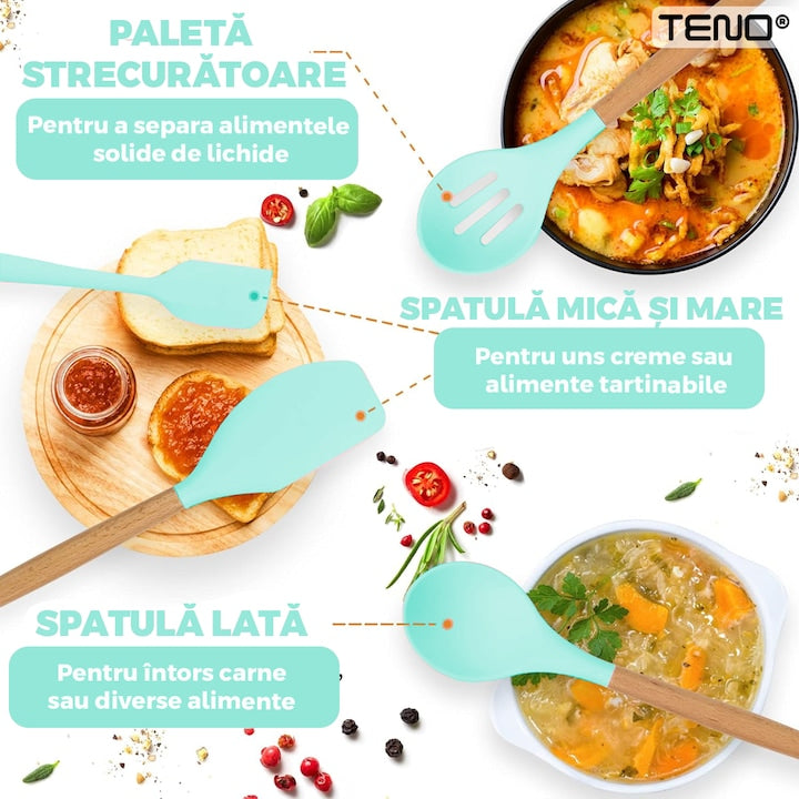 Set Ustensile Bucatarie 12 Piese Silicon Alimentar Teno®, termorezistente, antiaderente, sigure, suport inclus, turcoaz