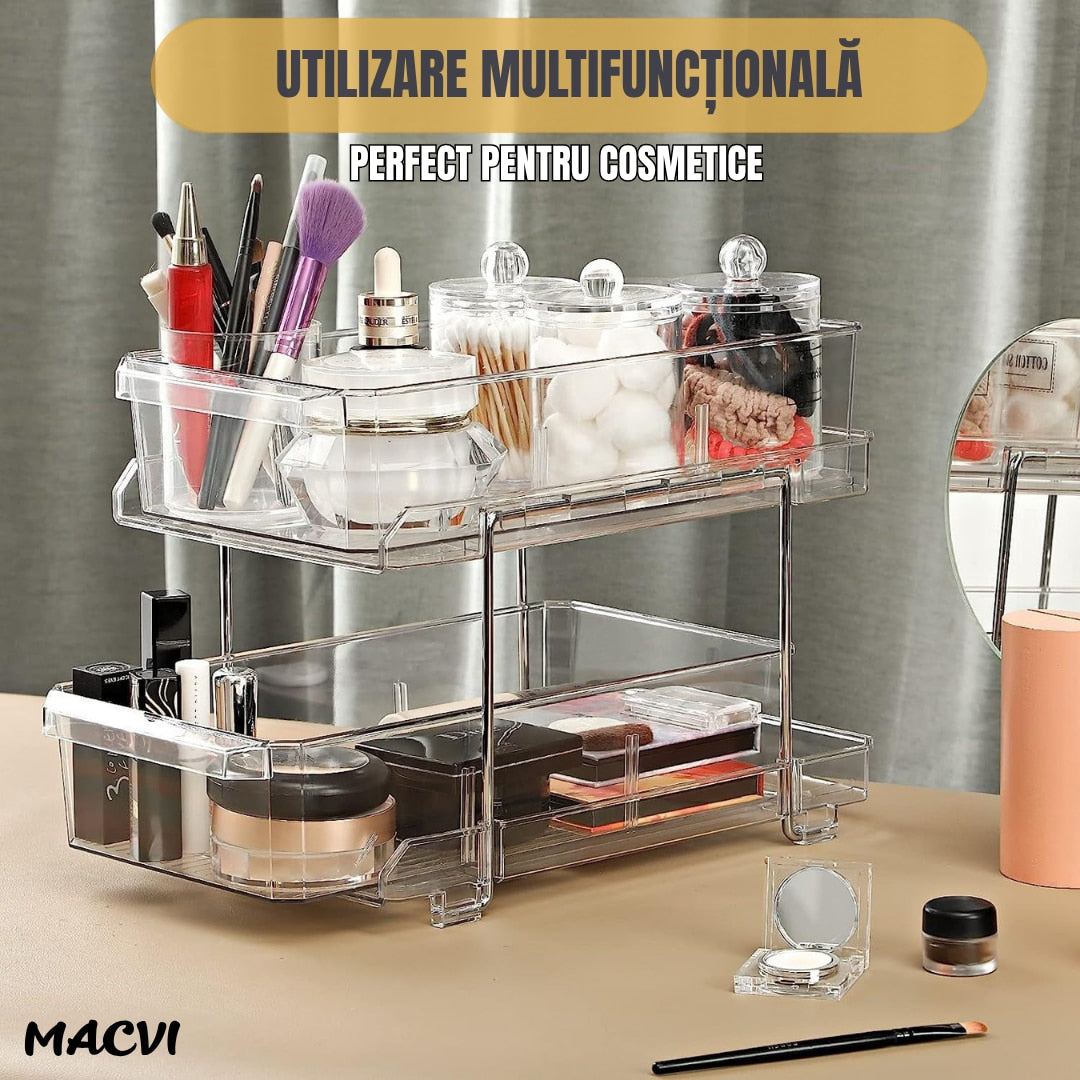 Organizator frigider Macvi® slide-out 2 nivele, transparent, sertare glisante, separatoare detasabile, 33x23x19 cm