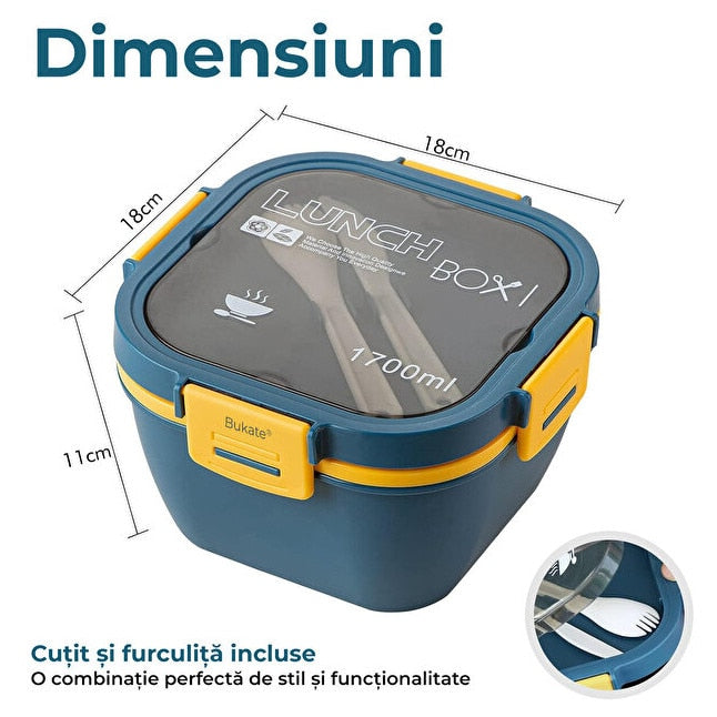 Caserola Alimentara Macvi® 1.7L cu 4 Compartimente si Recipient Sos Lunch Box BPA Free