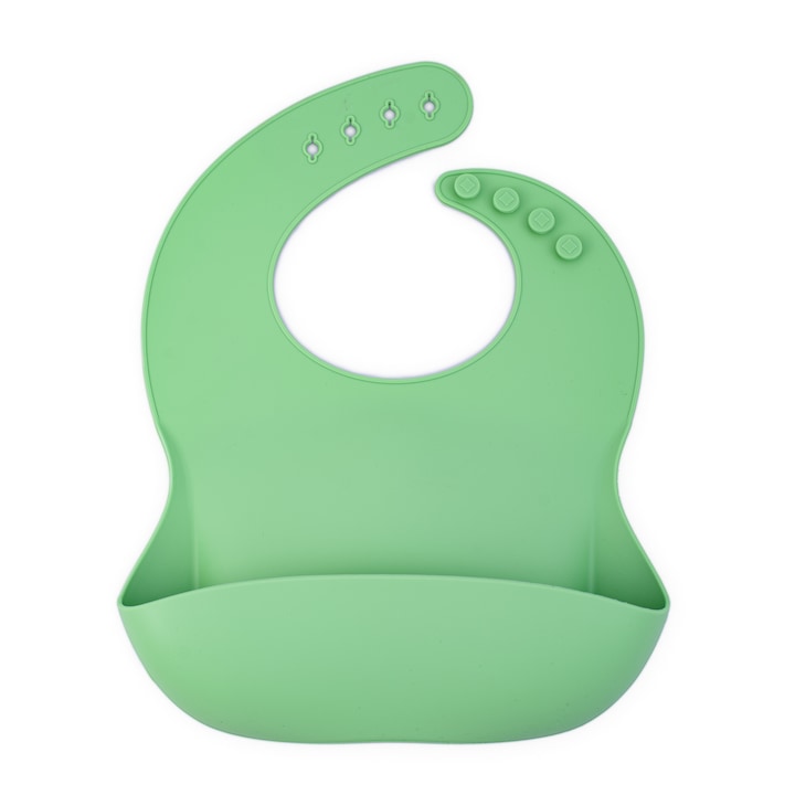 Baveta Bebelusi Macvi® din Silicon Moale Reglabila cu Buzunar Colector Verde Pal Usor de Curatat