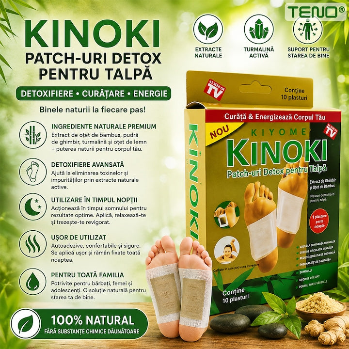Set 10 de plasturi KINOKI Teno®, pentru detoxifiere, ingrediente naturale, turmeric, imbunatatesc somnul, energizeaza, adezivi, auriu