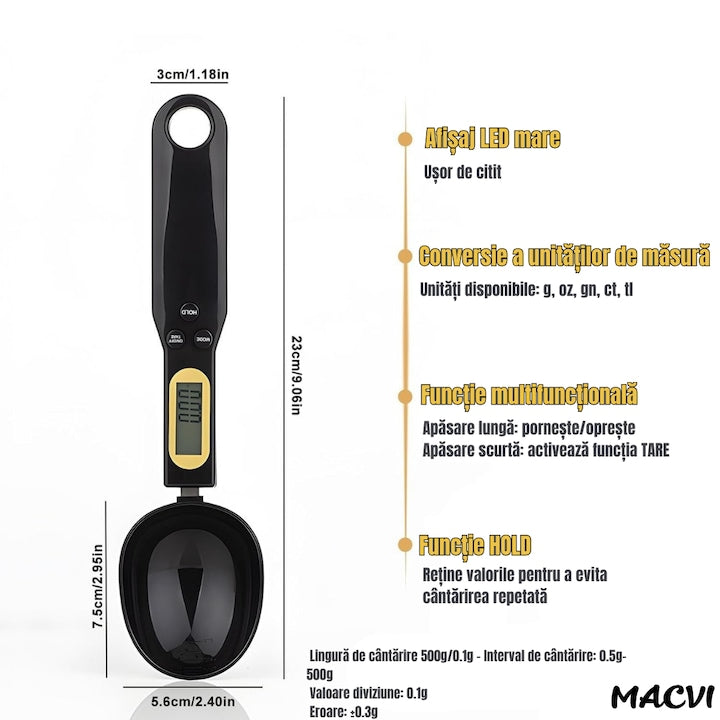 Lingurita de masurat digitala Macvi®, capacitate 500 g, precizie 0.1 g, cu afisaj LCD, pentru ingrediente solide si lichide, Negru