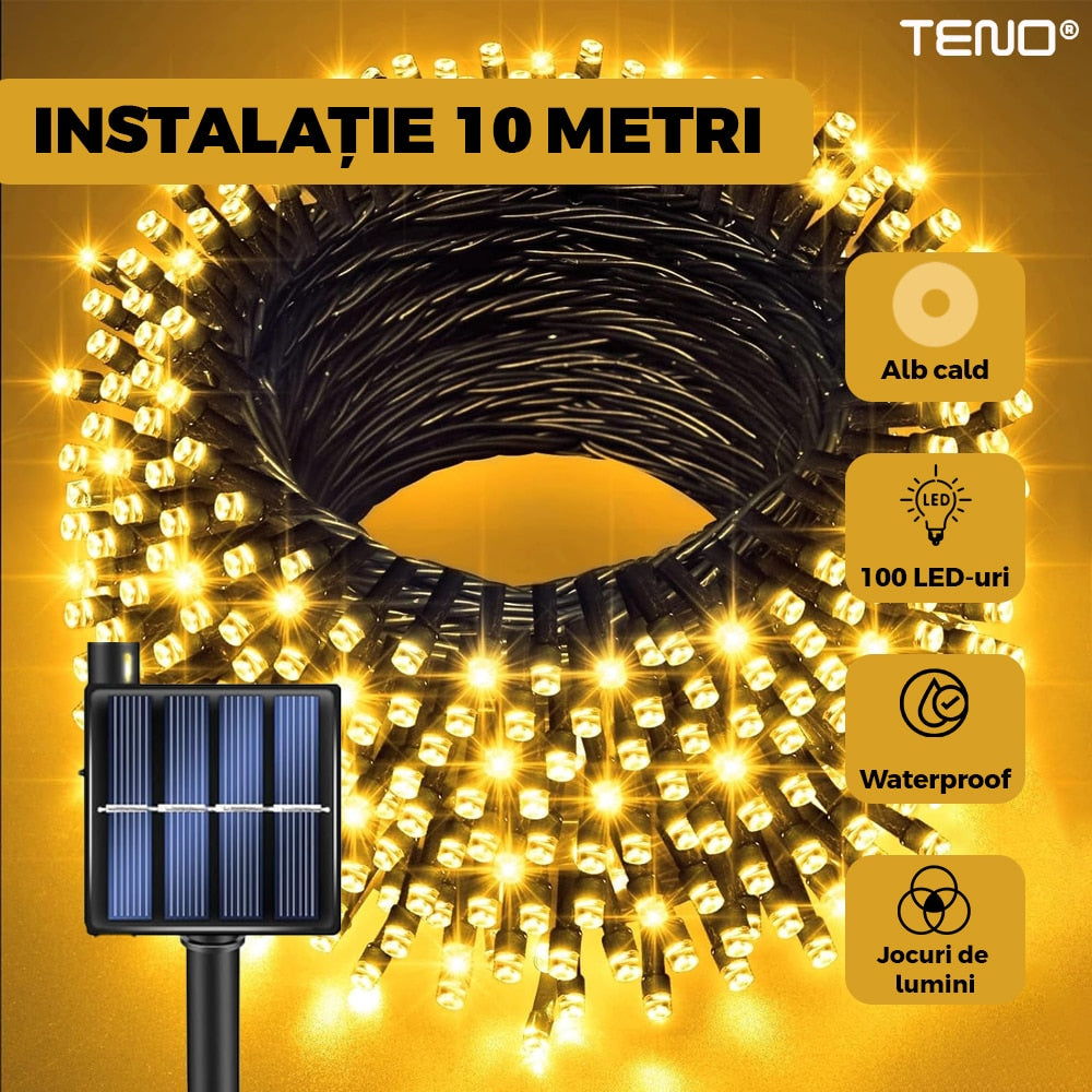 Instalatie de Craciun Liniara cu Panou Solar Teno®, 10 m, 8 jocuri de lumini, alimentare la priza, fir verde, interior/exterior, rezistenta la apa, 100 LED-uri, alb cald