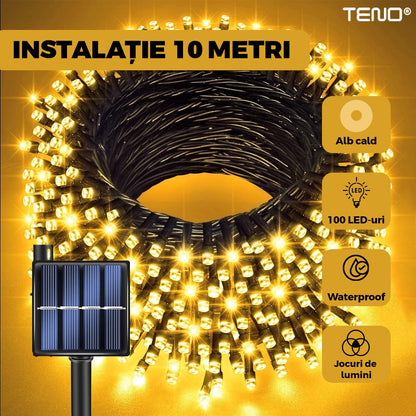 Instalatie de Craciun Liniara cu Panou Solar Teno®, 10 m, 8 jocuri de lumini, alimentare la priza, fir verde, interior/exterior, rezistenta la apa, 100 LED-uri, alb cald
