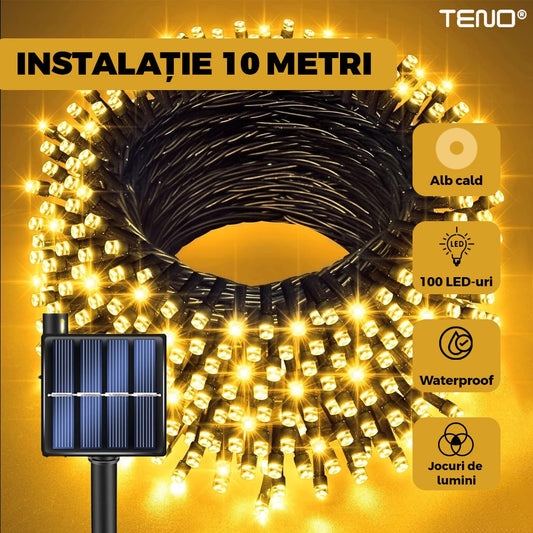 Instalatie de Craciun Liniara cu Panou Solar Teno®, 10 m, 8 jocuri de lumini, alimentare la priza, fir verde, interior/exterior, rezistenta la apa, 100 LED-uri, alb cald