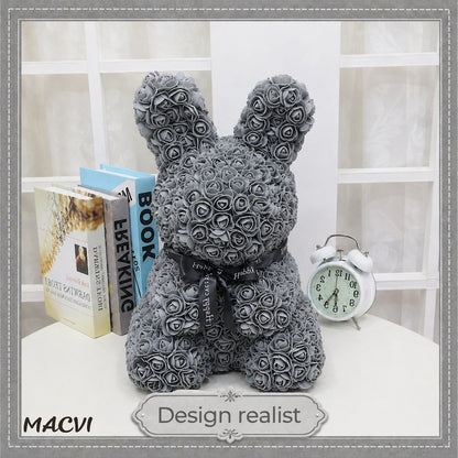 Iepuras Decorativ Macvi® din Trandafiri Spuma Gri 45 cm cu Fundita Cutie Cadou Inclusa Decor Elegant