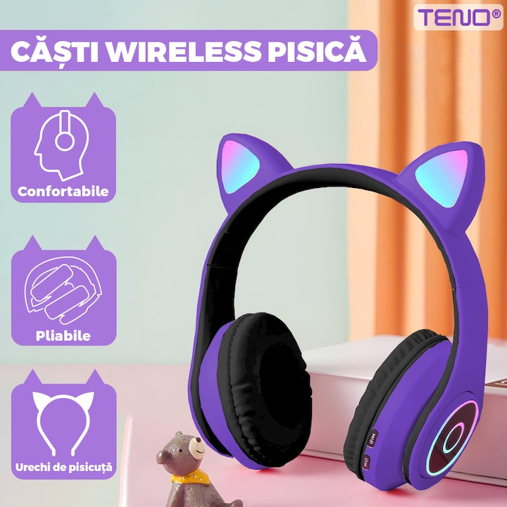 Casti Wireless Model Pisica Teno®, B39, overear, urechi de pisica cu iluminare RGB, bluetooth 5.0, handsfree, HiFi, bass stereo, mov/negru