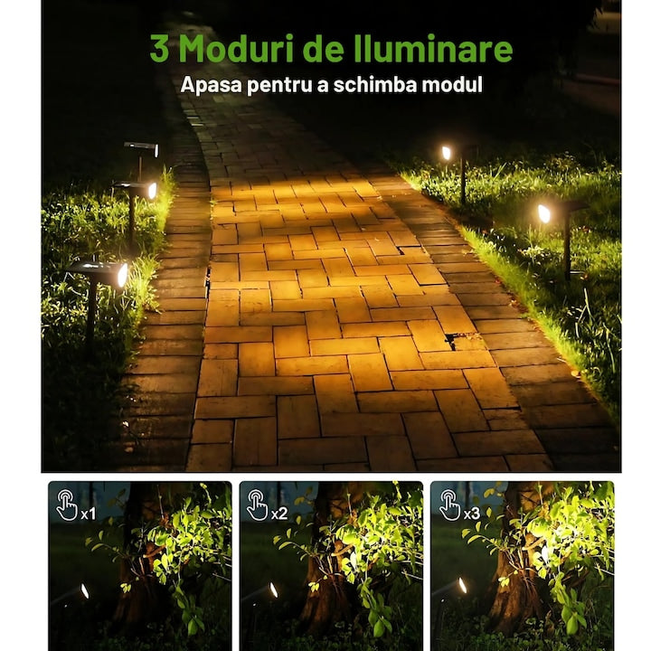 Set 4 Lampi Solare Exterior Macvi® cu Senzor Miscare 3 Moduri LED IP65 Alb Cald pentru Gradina Curte Alei Negru Descriere
