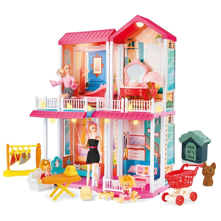 Casuta pentru papusi Macvi® 180 piese, multicolora, usor de asamblat, stimuleaza creativitatea si coordonarea, recomandata copii 3+