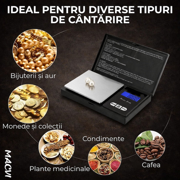 Cantar electronic pentru bijuterii Macvi®, Pocket, 300 g, Rezolutie 0,01 g, Negru