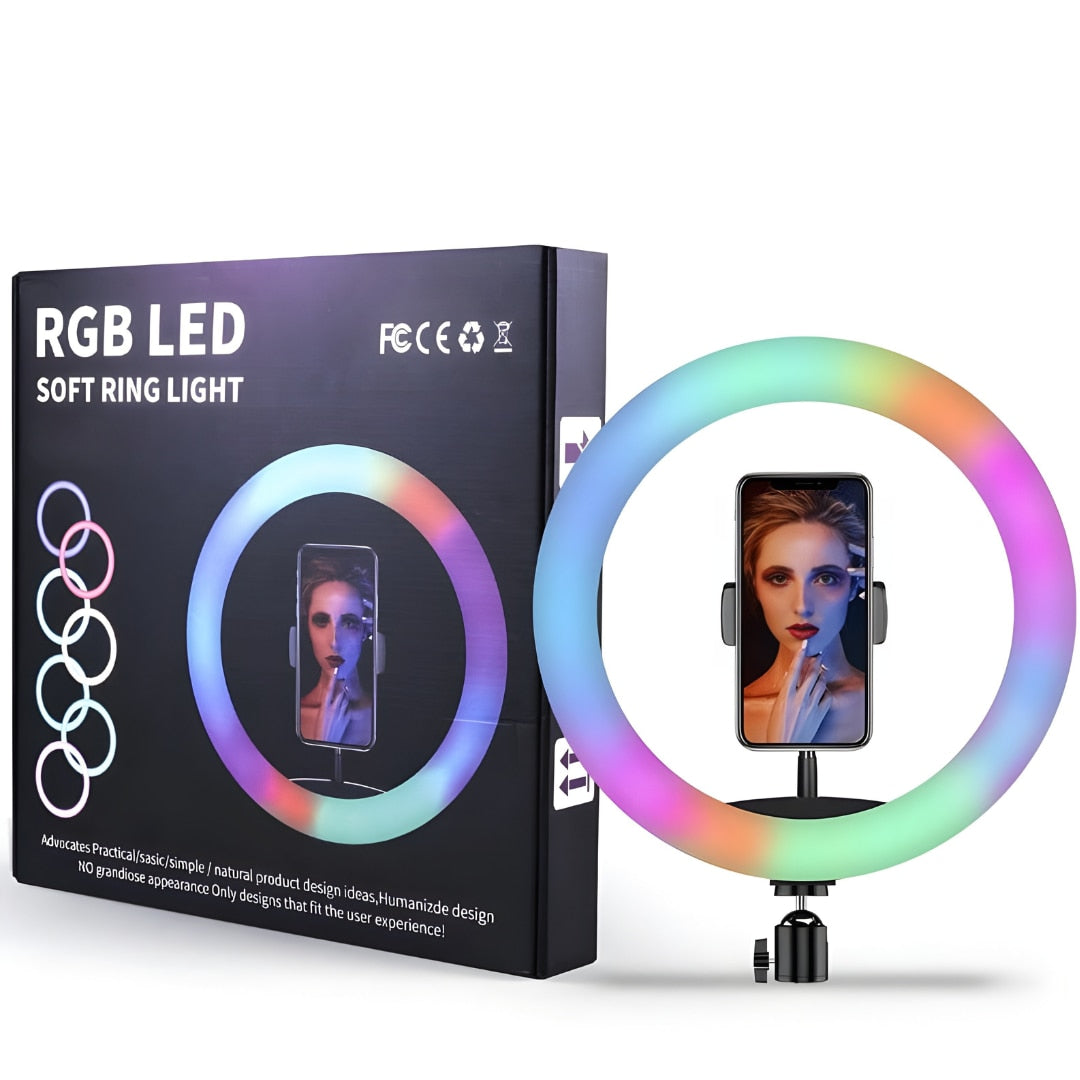 Lampa circulara RGB LED Macvi® 45 cm, 20 moduri de lumina, cu suport de telefon, cablu de incarcare USB si telecomanda inclusa pe fir cu reglare a intensitatii