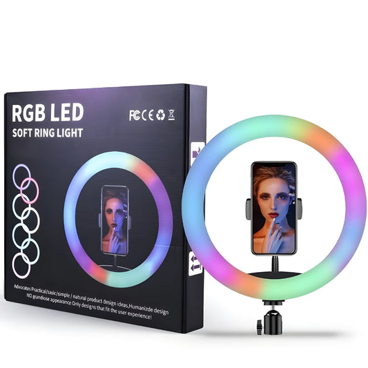 Lampa circulara RGB LED Macvi® 45 cm, 20 moduri de lumina, cu suport de telefon, cablu de incarcare USB si telecomanda inclusa pe fir cu reglare a intensitatii