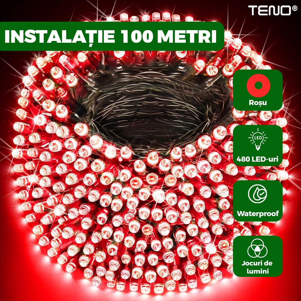 Instalatie de Craciun Liniara Teno®, 100 m, 8 jocuri de lumini, alimentare la priza, interior/exterior, rezistenta la apa, 480 LED-uri, rosu