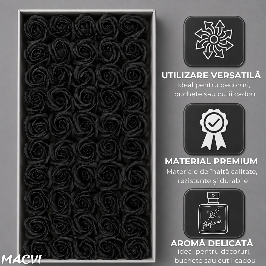 Set 50 trandafiri din sapun, 5x5 cm, calitate premium, decor si cadou elegant, Negru