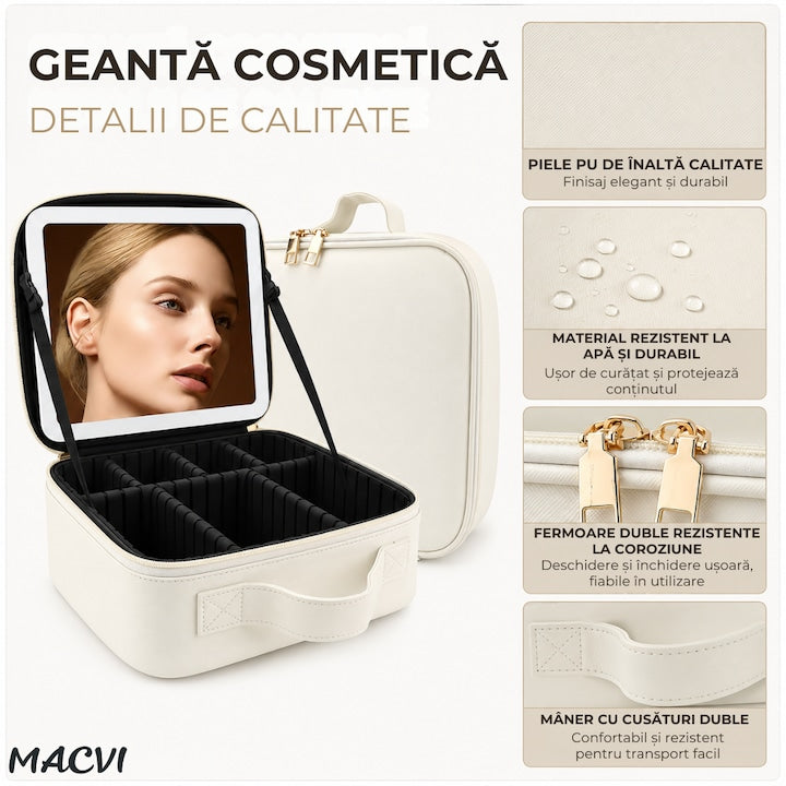 Organizator Machiaj cu Oglinda LED Macvi® 2000mAh, 3 Temperaturi Lumina, 76 LED, Compartimente Reglabile Rotire 360°, Incarcare USB, Geanta Cosmetice Impermeabila, Alb, 27x24x11 cm