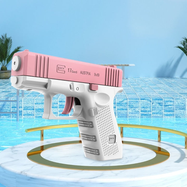 Pistol cu apa copii Macvi®, alb cu roz, actionare manuala, jucarie vara exterior, dezvoltare dexteritate, 11.5 x 10 x 2.5 cm