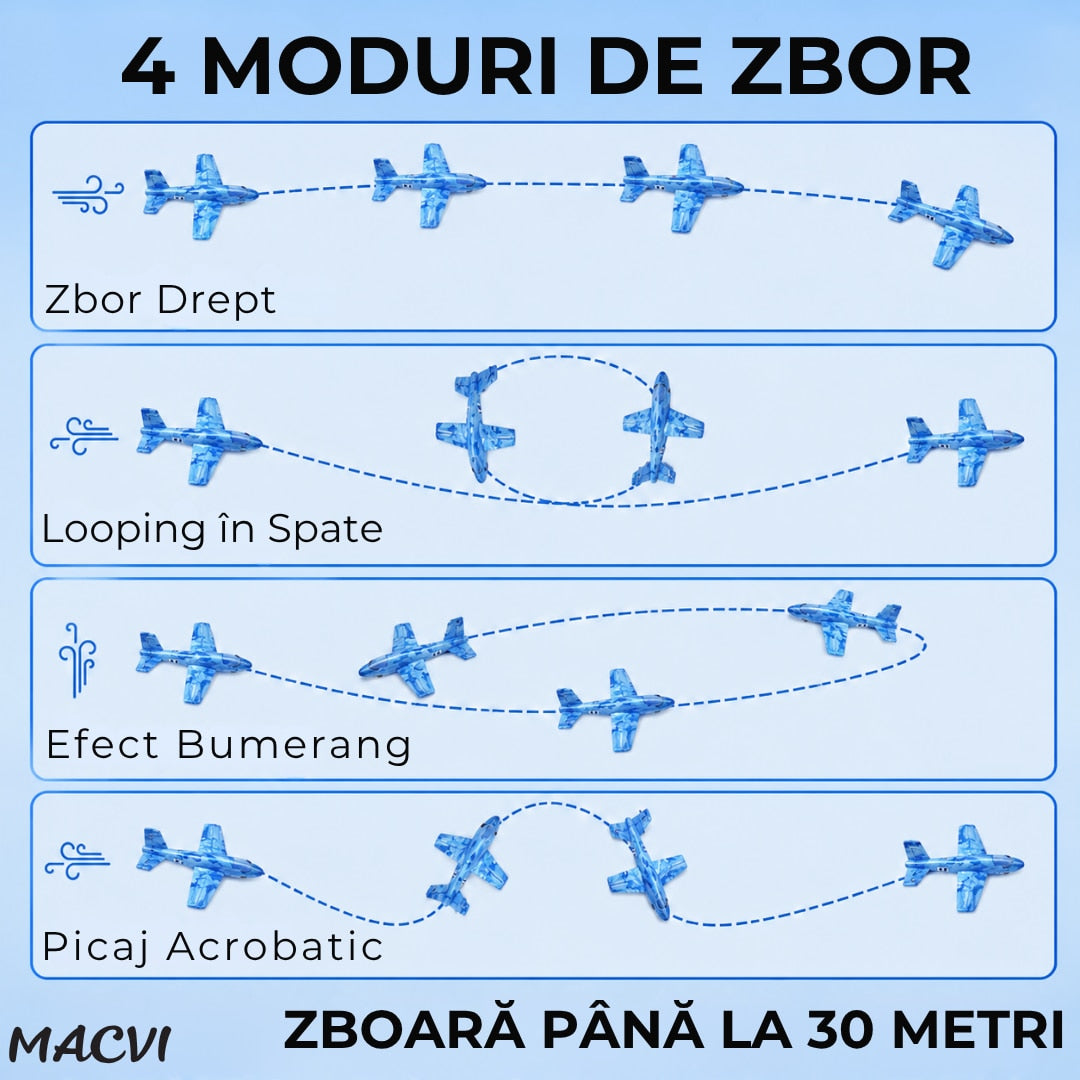 Avion zburator Macvi®, planor rezistent, zboara pana la 30m, Albastru, Material rezistent la impact si cazaturi, pentru copii 6+ ani