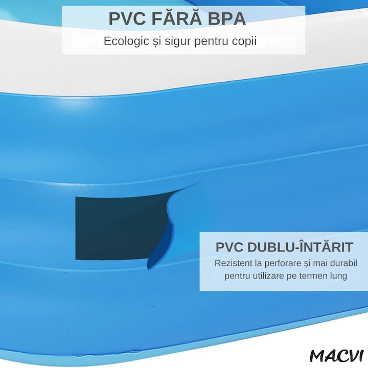 Piscina gonflabila Macvi® din PVC rezistent, 150×105×50 cm, 1-3 persoane, pereti grosi, design confortabil pentru gradina si curte