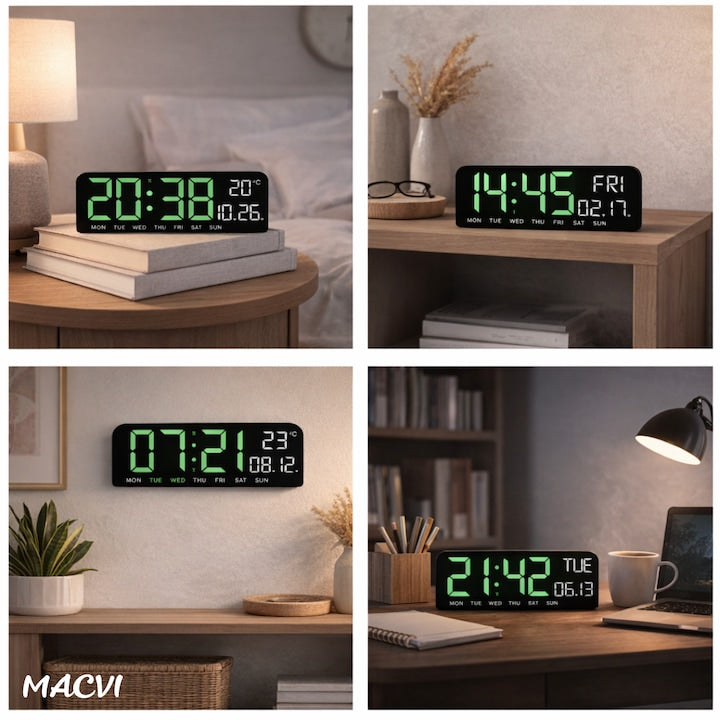 Ceas digital de masa si perete Macvi® 24 x 9 cm afisaj LED verde alarma snooze calendar cronometru termometru luminozitate reglabila