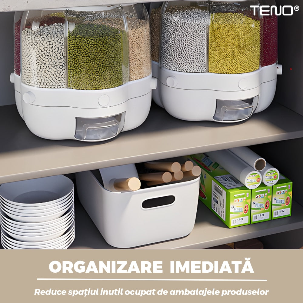 Dozator rotativ Macvi® pentru cereale si alimente uscate, 6 compartimente, capacitate 6.5 kg, sertar detasabil, alb, rotire 360°