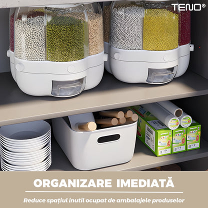 Dozator rotativ Macvi® pentru cereale si alimente uscate, 6 compartimente, capacitate 6.5 kg, sertar detasabil, alb, rotire 360°
